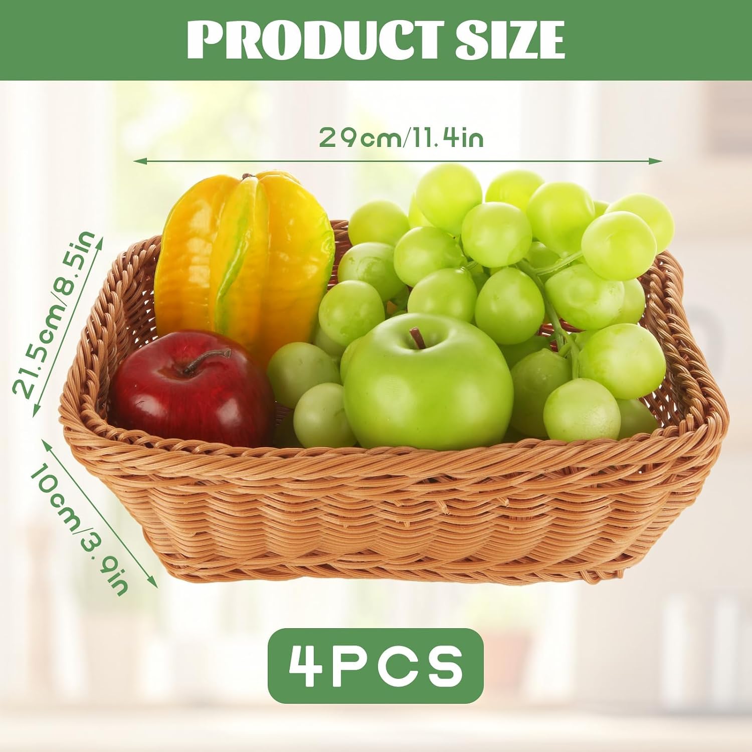 STARVAST 4 PCS Wicker Bread Basket, 11.8 Inch Imitation Rattan Woven Bread Baskets, Rectangular Food Serving Baskets for Table, Candies, Crackers, Fruit, Vegetables, Restaurant,Home Kitchen