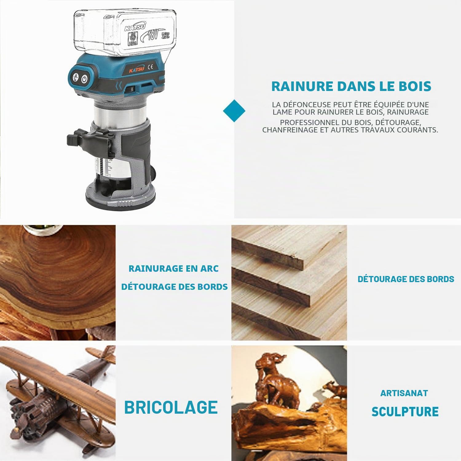 KATSU FIT-BAT 21V Brushless Défonceuse sans Fil Affleureuse à Bois Plastifieuse Routeur Menuisiers Outil avec 3 Pinces à Mandrin 1/4 ", 6mm et 8mm, sans Batterie 102750