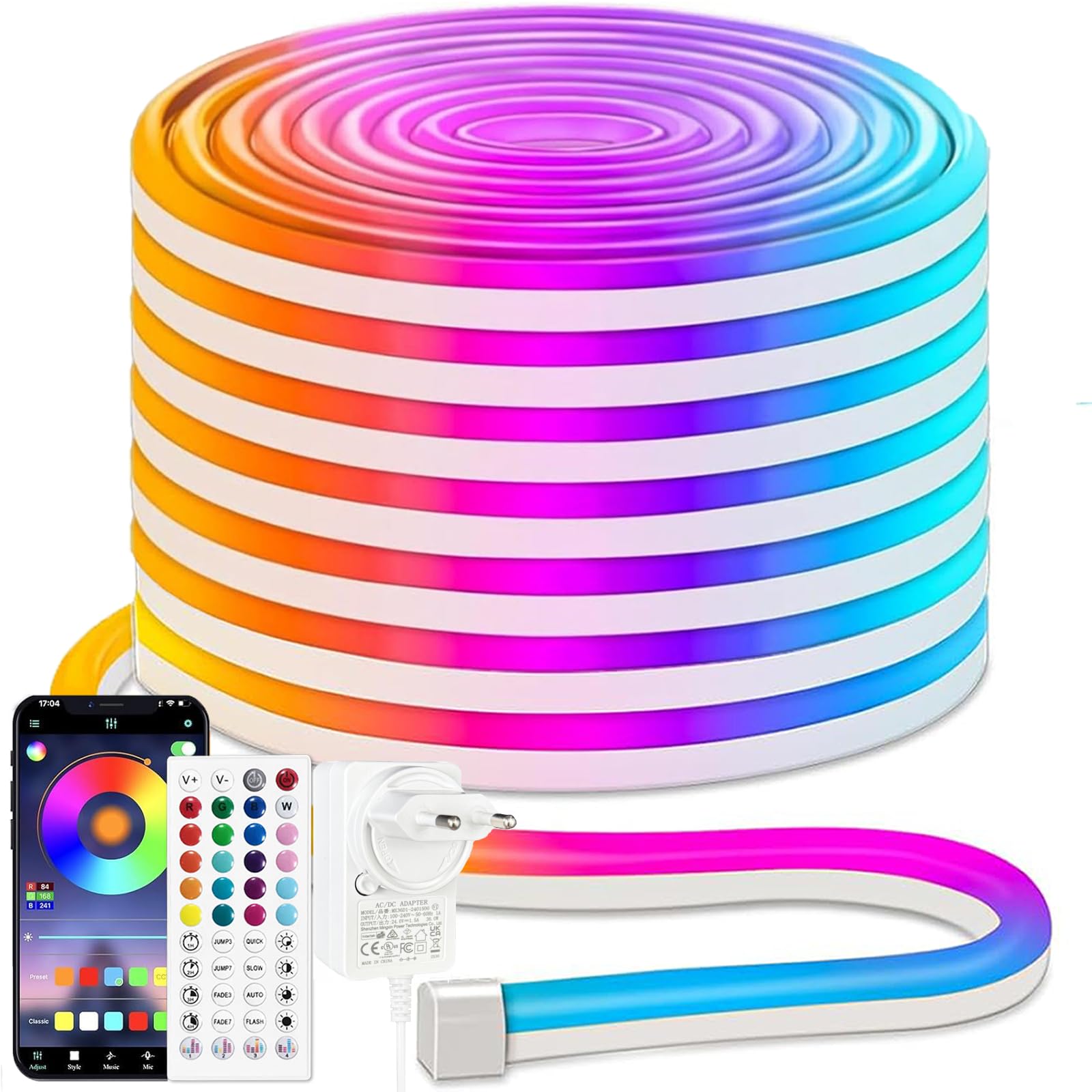 iNextStation RGB Tira LED Neon 15m, 24V Luces LED Flexible | con APP y mando a distancia, cambio de color, sincronización de música para juegos, festa e decorazioni per interni esterni