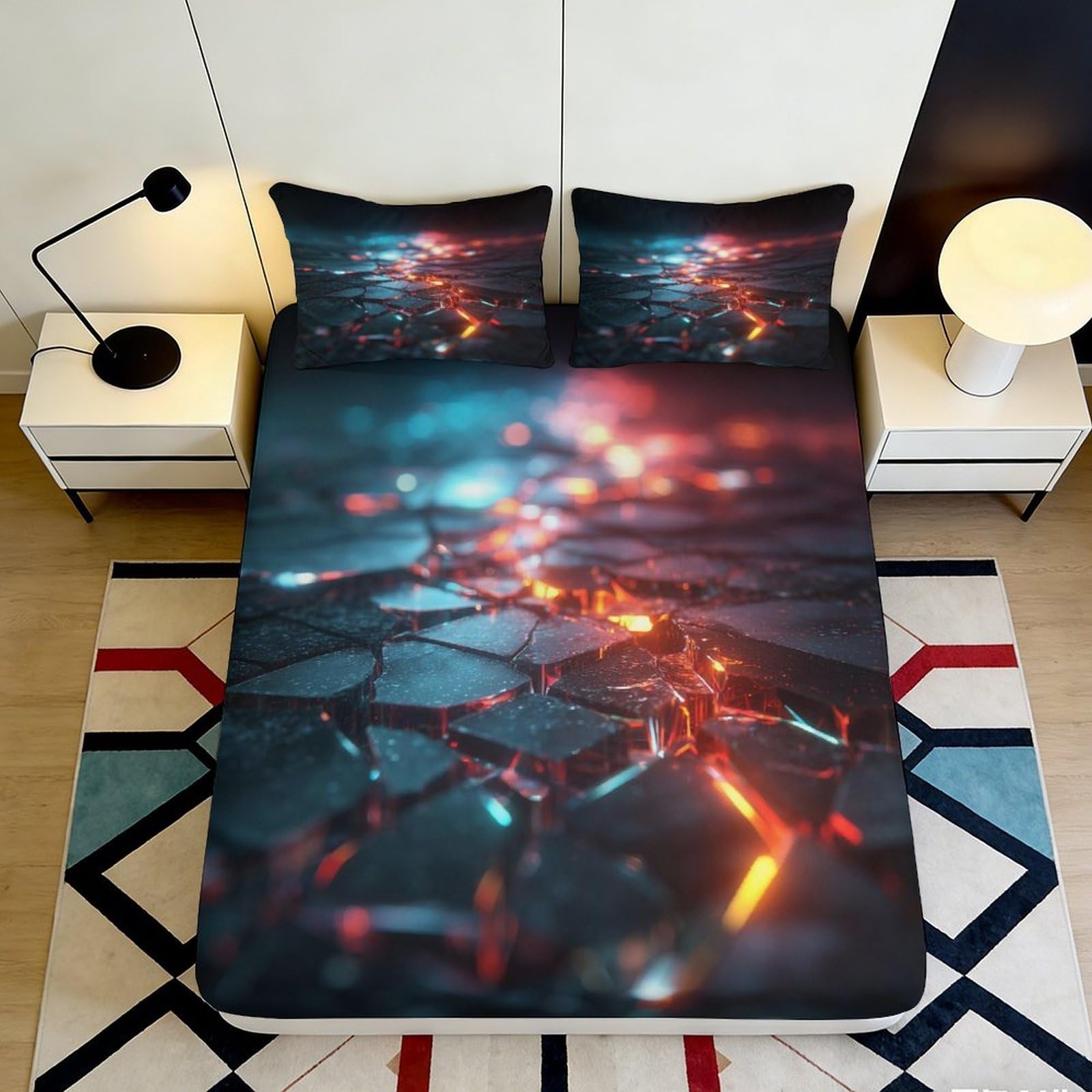 3D Printed Cracked Lava Fitted Sheet Microfiber Soft Breathable Glowing Pattern Bed Cover for Bedroom Dorm Dormitory Guest Room Mattress Protection 120x200x25cm