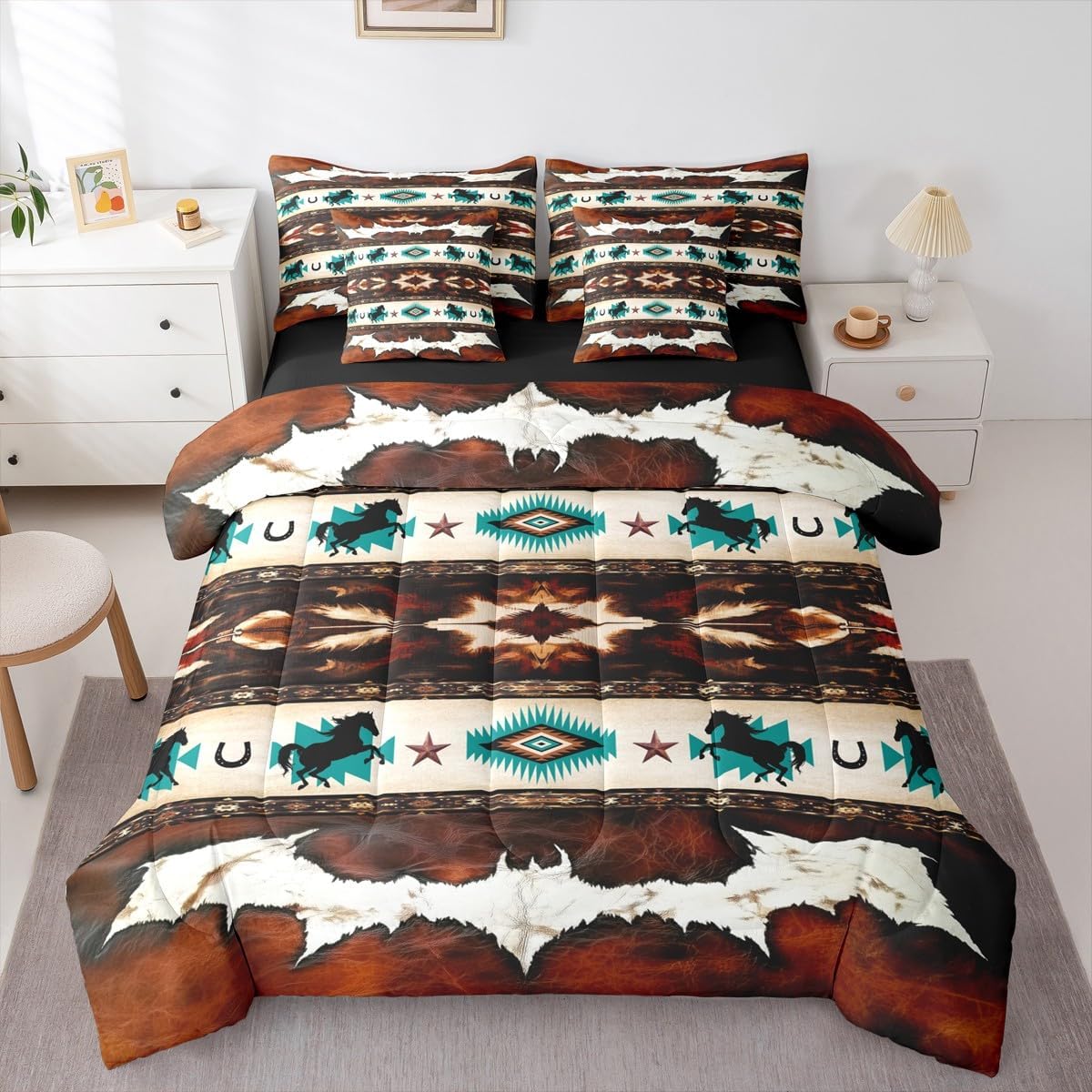 Feelyou Horse Comforter Set King Size 7 Pieces Cowhide Cow Print Retro Fur Bedding Set Boho Rustic Farmhouse Bed in a Bag with Comforter, Sheets, Pillowcases, Cushion Covers Western Aztec Quilted