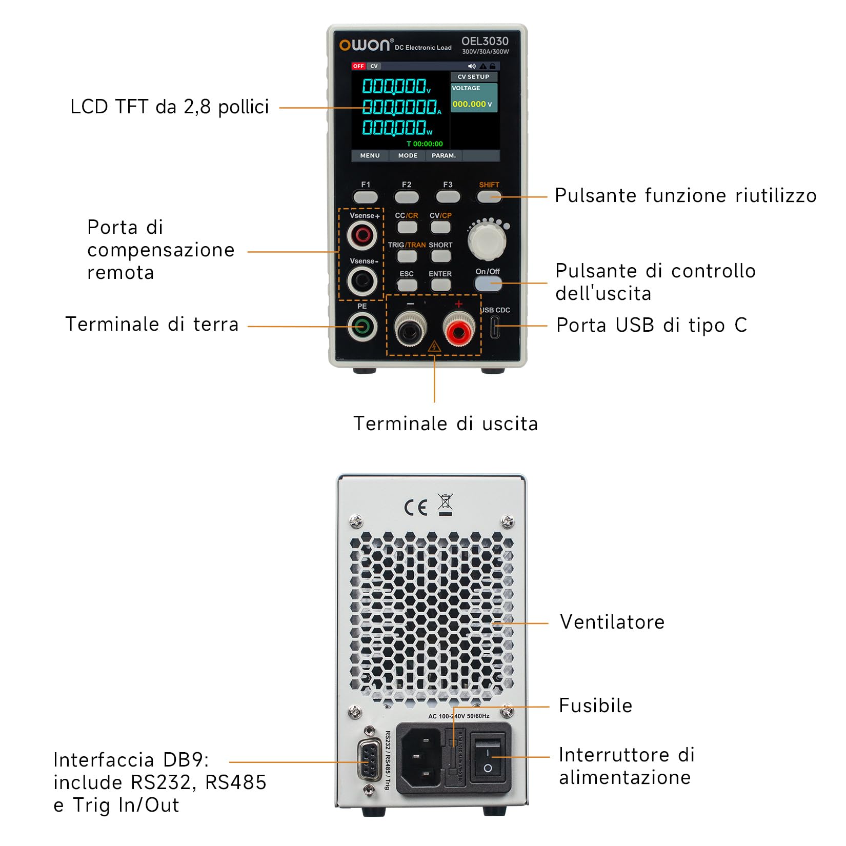 OWON OEL3030 Carico elettronico DC programmabile, 0–300V 0–30A 300W, dinamico 5 kHz, tasso di salita regolabile, USB RS232