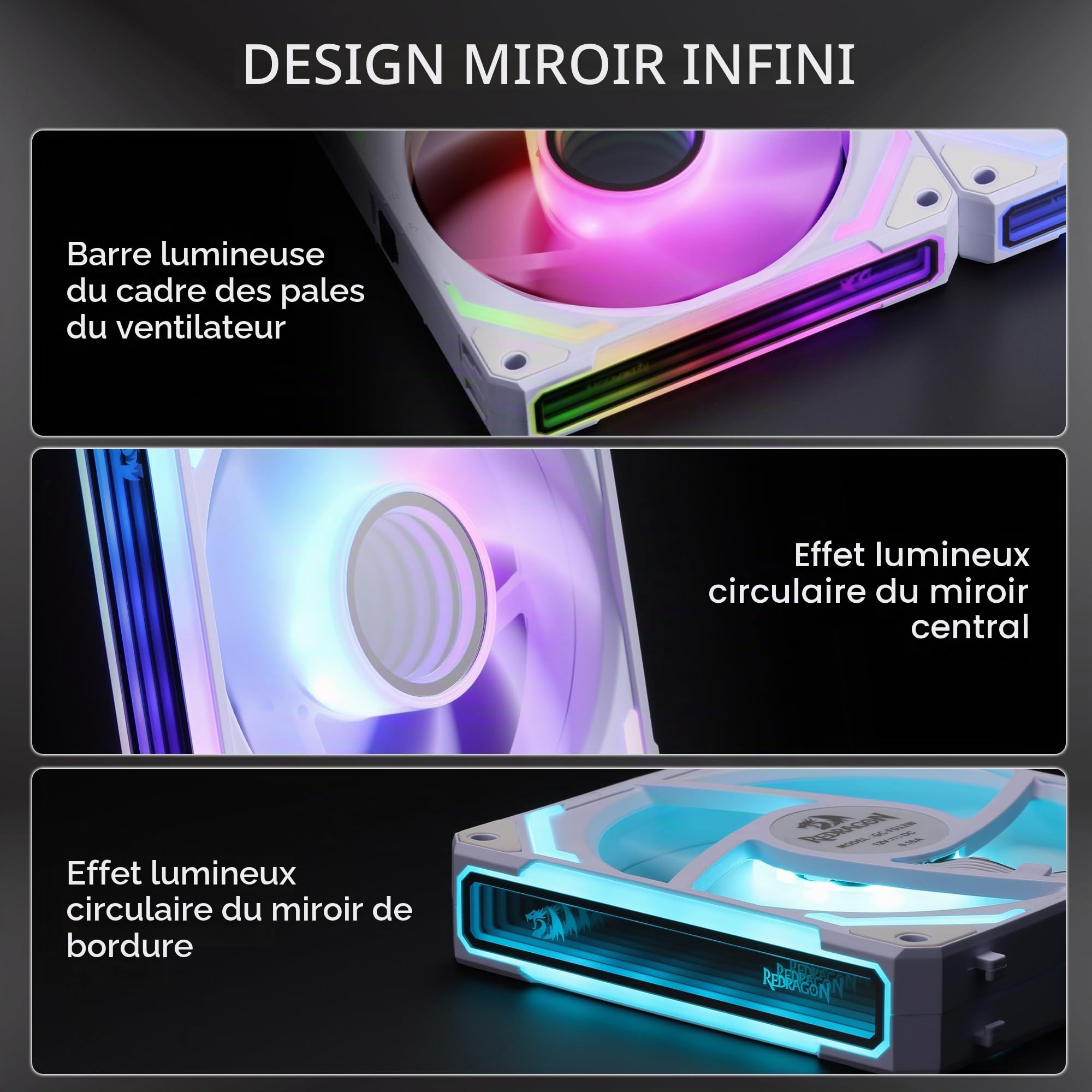 Redragon GCF012 Lot de 3 ventilateurs de boîtier PC standard de 120 mm, connexion en chaîne, éclairage ARGB 5 V 3 broches, ventilateur PWM à 4 broches, pour refroidissement de radiateur/boîtier