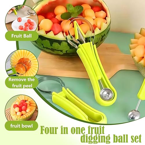 Miniatura 3 de Suuker Melon Baller Scoop Set, 4 en 1 cortadores de frutas, cuchara de sandía y baller, herramientas para tallar frutas (verde)