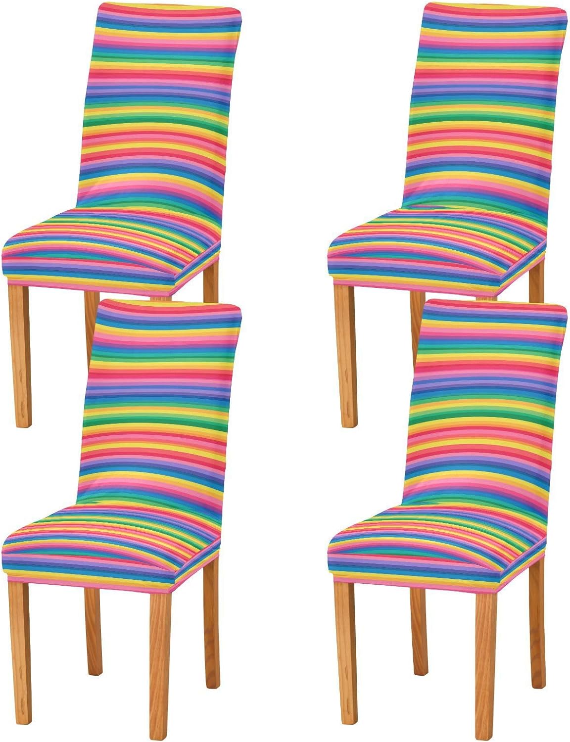 ALAZA Chair Covers for Dining Room, Summer Bright Rainbow Stripe Print Stretch Chair Cover Sets Chair Protector Removable Washable for Ktichen Restaurant Hotel