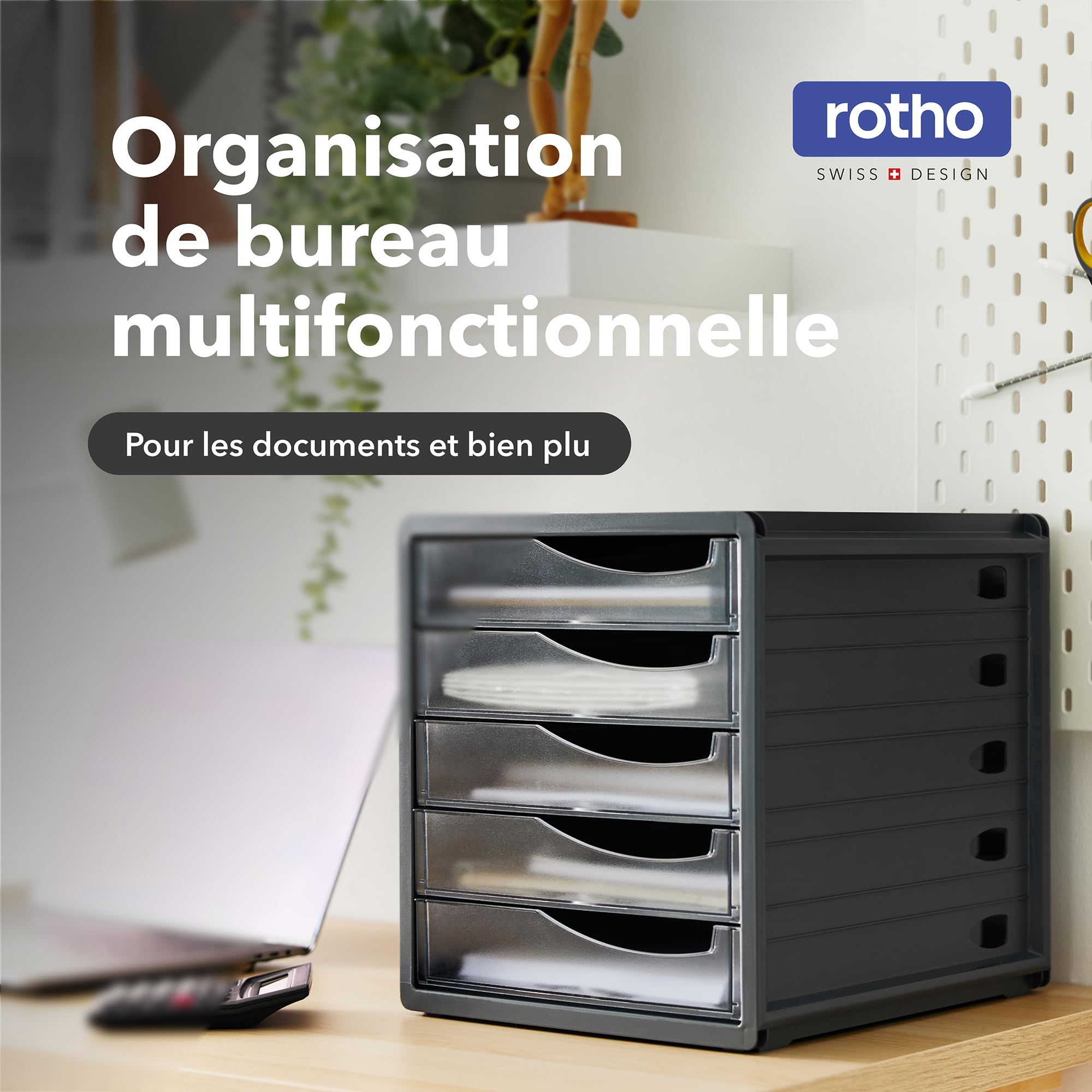Rotho Spacemaker Boîte à Tiroirs / Boîte de Bureau à 5 Tiroirs, Plastique (Ps) sans BPA, Transparent / Noir, 33,5 X 28,5 X 32,0 cm | Système de rangement avec 5 tiroirs fermés, compartiments pour stylos et butée coulissante, plastique sans BPA robuste