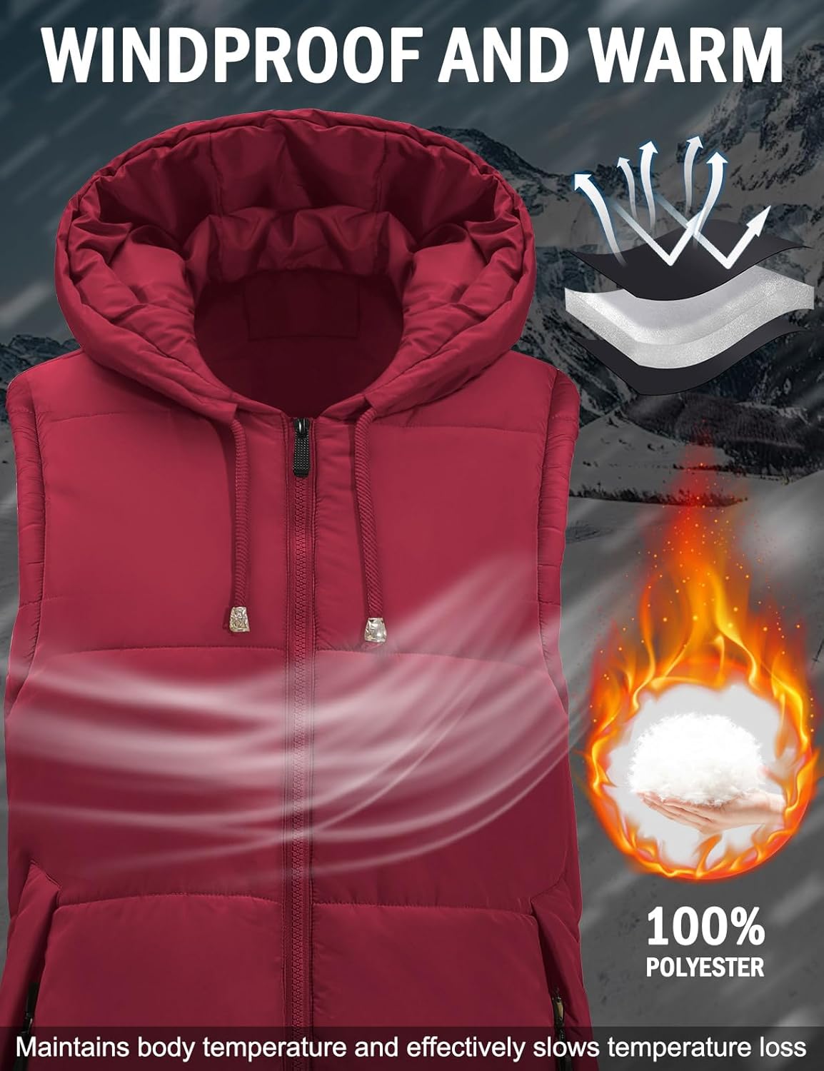 HEEKPEK Women Long Hooded Puffer Vest Winter Warm Quilted Sleeveless Down Jacket Casual Trendy Full-Zip Outerwear Drawstrings - Image 3