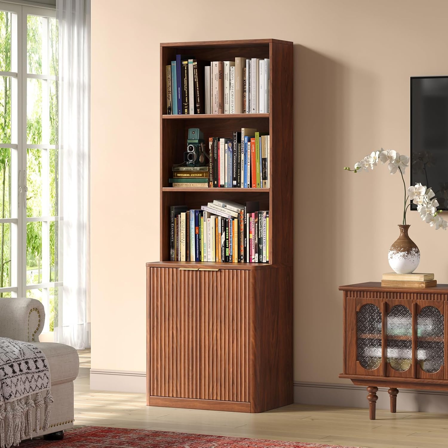 71" Walnut Bookcase with Doors, 5 Tier Fluted Tall Bookshelf with Storage, Librero with Cabinet for Home Office, Living Room,or Bedroom