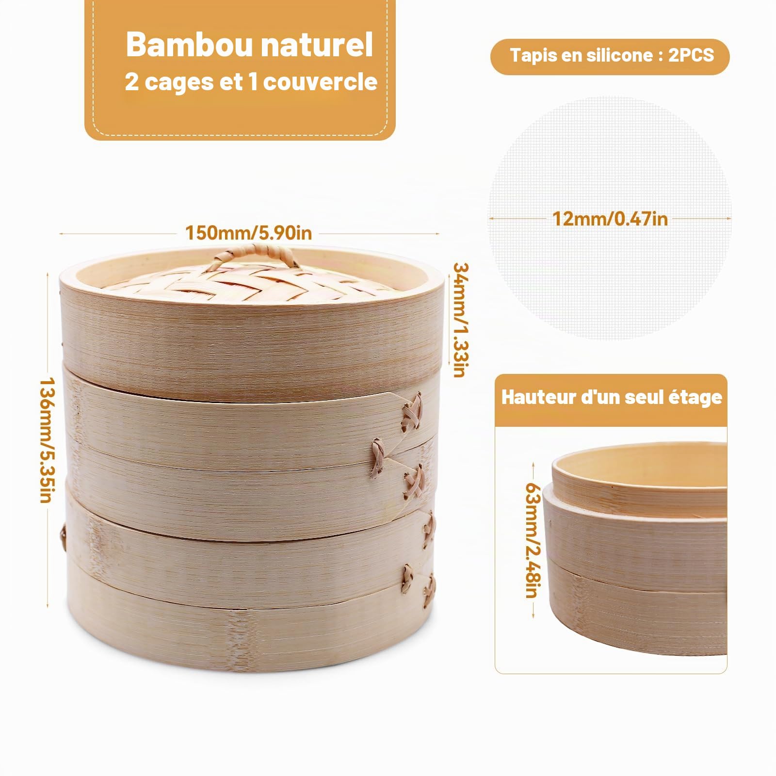 Cuiseur Vapeur en Bambou - 2 Étages Avec Couvercle - 15 cm - Panier Avec 2 Tapis de Cuisson en Silicone - Pour Boulettes, Riz, Dim Sum, Légumes, Viande (S)
