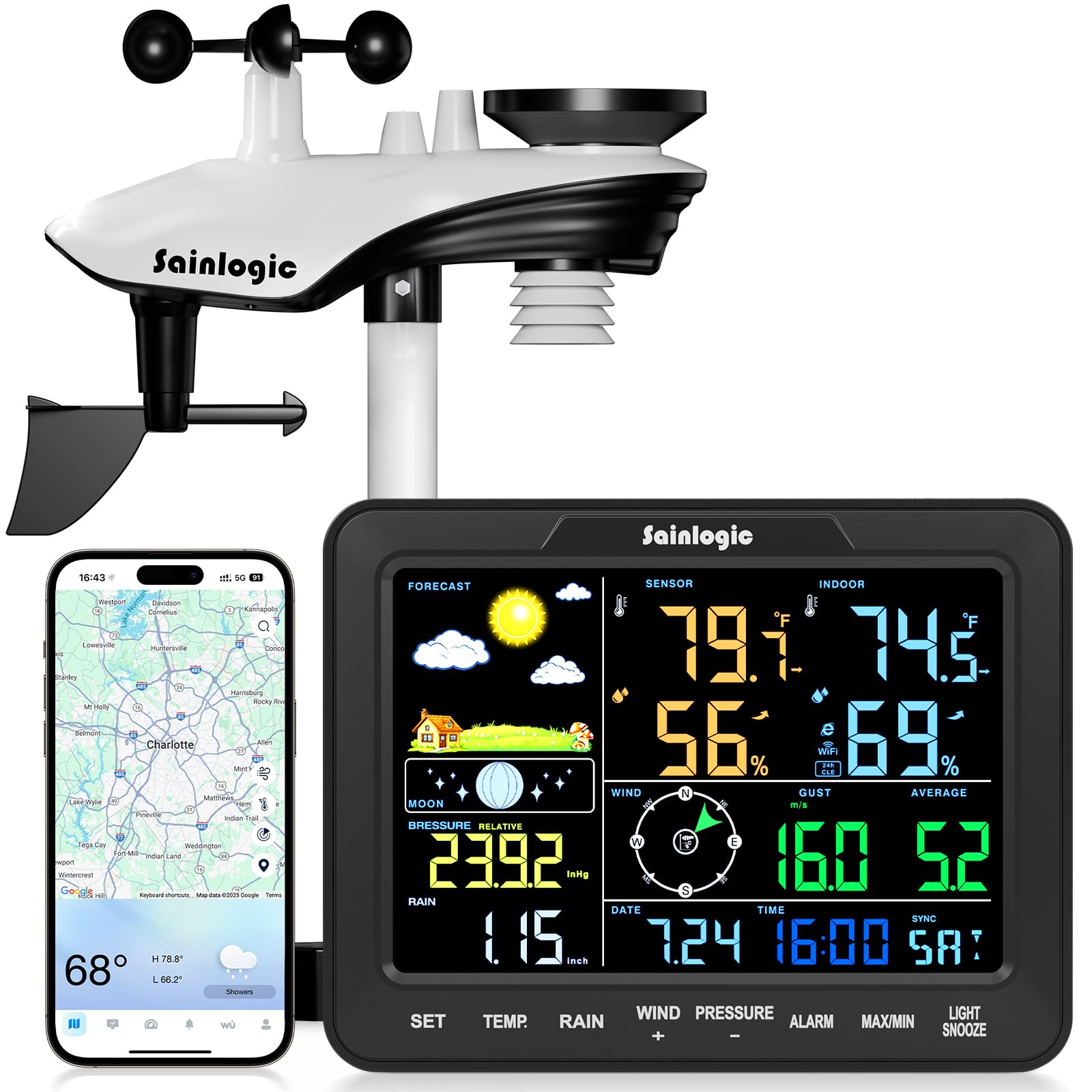 Sainlogic Intelligente Drahtlose WLAN-Wetterstation, Weatherseed® 24/7 KI-Wettervorhersage, App/Email-Alarm, Digitaler Wind- und Regenmesser, 2 Jahre Datenspeicherung