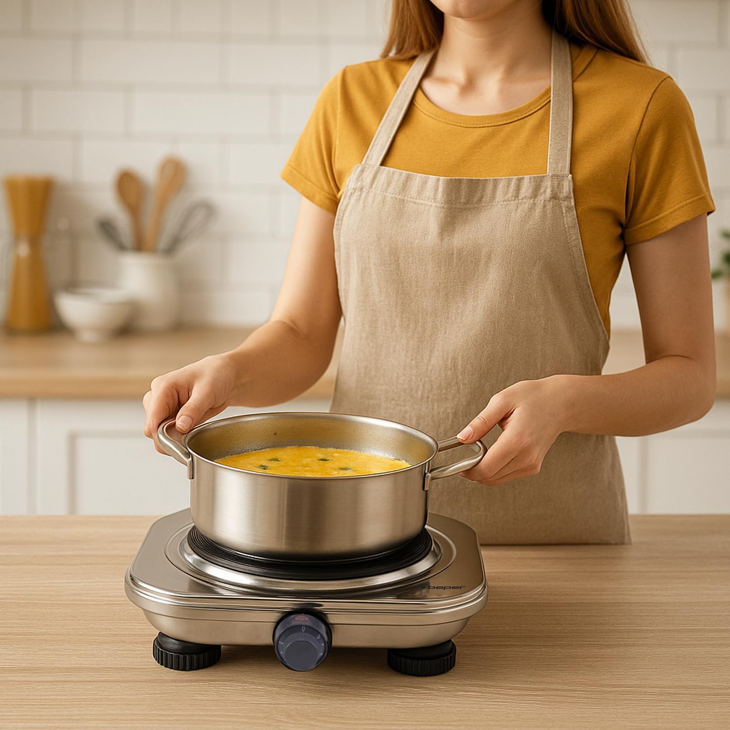 BEPER P101PIA100 Elektryczna kuchenka turystyczna, żeliwna płyta grzewcza 18,5 cm, 5-stopniowy termostat z regulacją, trwała stalowa obudowa, zabezpieczenie przed przegrzaniem - 1500 W