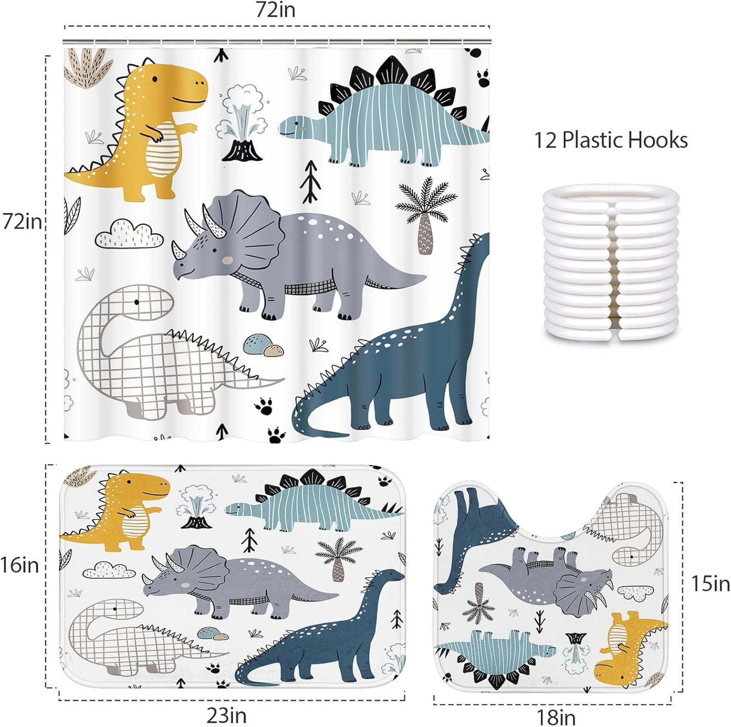 Britimes 3Pcs Bathroom Set, 72" x 72" Dinosaur Dragon Cartoon Dino Waterproof Polyester Shower Curtain with Non-Slip Rugs and Bath Mat for Kids Bathroom Decor Set