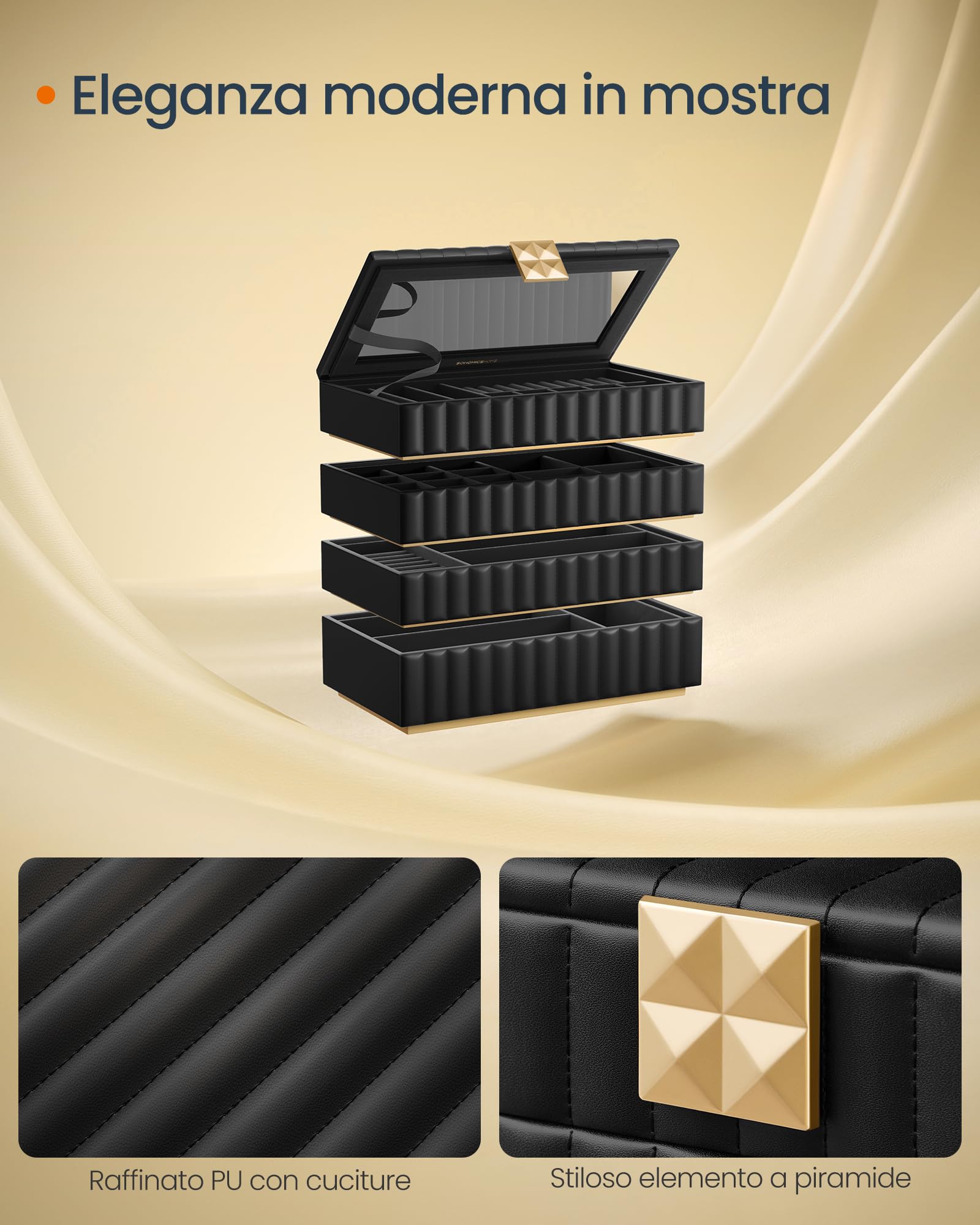 SONGMICS HOME ANAH Collezione - Scatola Portagioie Impilabile con Specchio, Porta Gioielli a 4 Ripiani, PU con Cucitura, Effetto Fluttuante, 17 x 28 x 20,5 cm, Idea Regalo, Nero Inchiostro JBC181B01