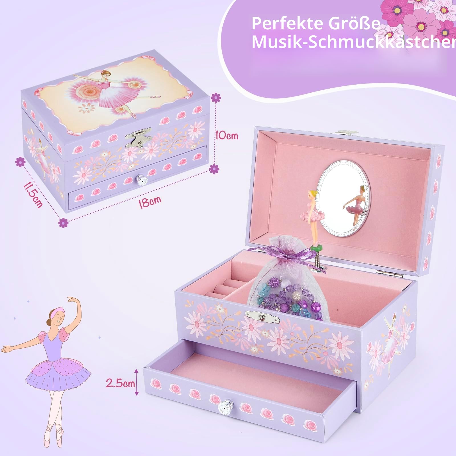 Musik Schmuck Box mit Schublade Halskette Armband, Musikalischer Schmuck Aufbewahrungskoffer mit Spinning Ballerina Geschenk Set für Kinder Mädchen Kinder Tochter