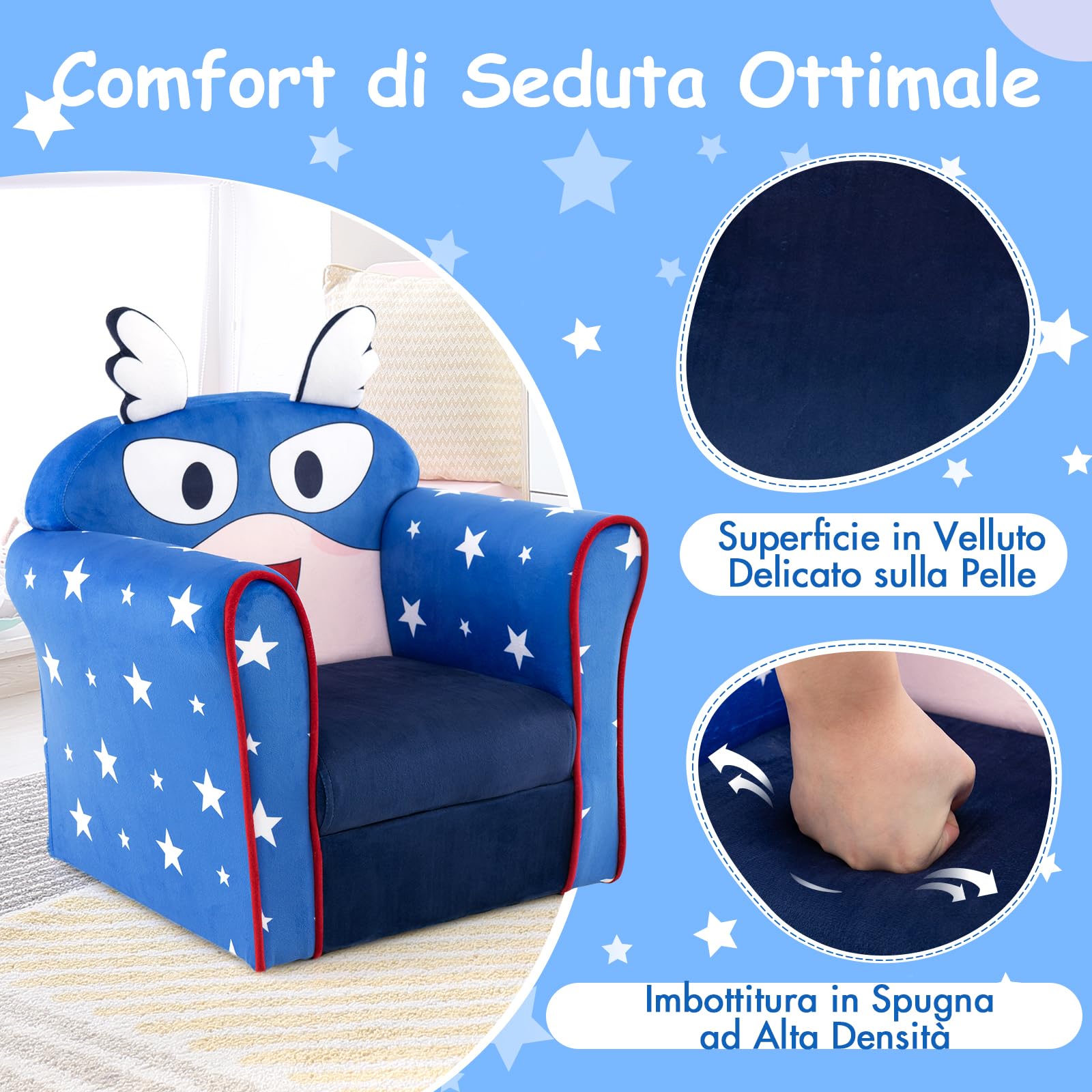 Divano Pieghevole Per Bambini In Peluche | 2 In 1 Letto/Divano | Motivo Cartone Animato | Blu - Foto 6