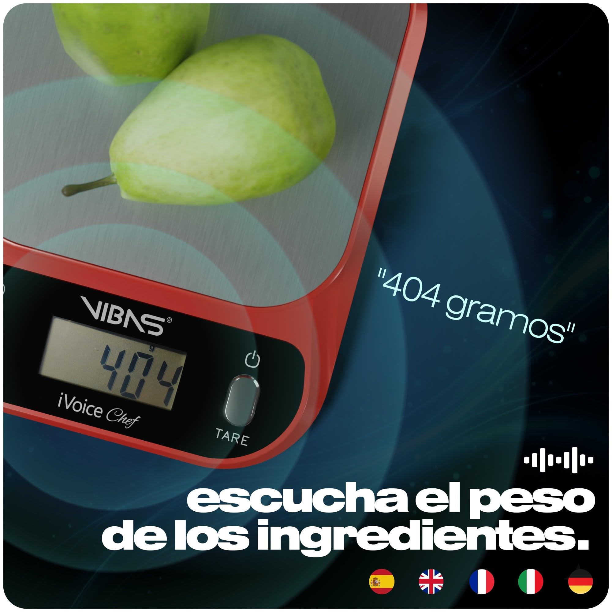 Báscula Parlante VIBAS iVoice Chef con Cuenco, para Mayores y Discapacidad Visual, 5 Idiomas, Señales Sonoras, Repetición del Peso, Volumen Ajustable, Hasta 10 kg, Pilas Incluidas