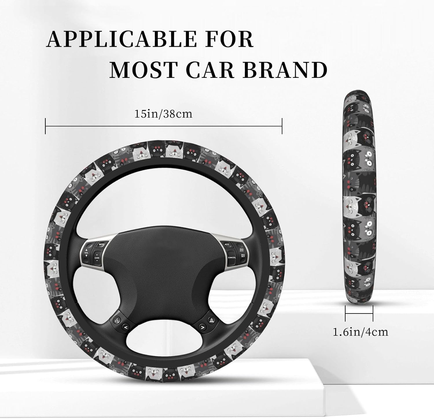 Cute Grey Cat Cats Kitty Kitten Kitties Car Steering Wheel Cover,Non-Slip Elastic Neoprene-Sweat Car Accessories,Universal 15 Inch Fit Auto, Vans Trucks,Suvs, Truck image 5