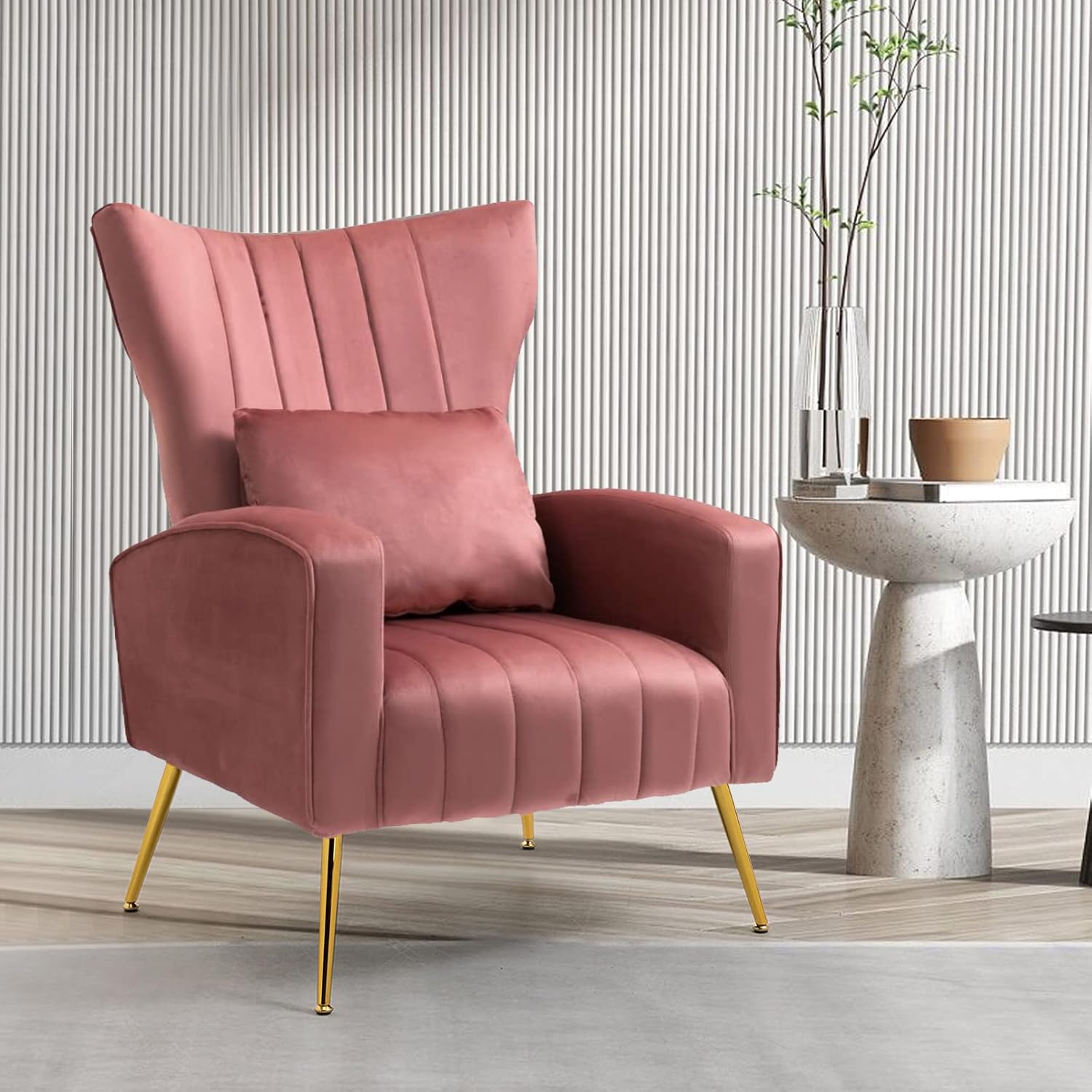 Modern Living Room Chairs Velvet Accent Chair Armchair with Lumbar Pillow, High Back Bedroom Chairs Vanity Chair Barrel Chair Arm Chair with Gold Legs, Pink