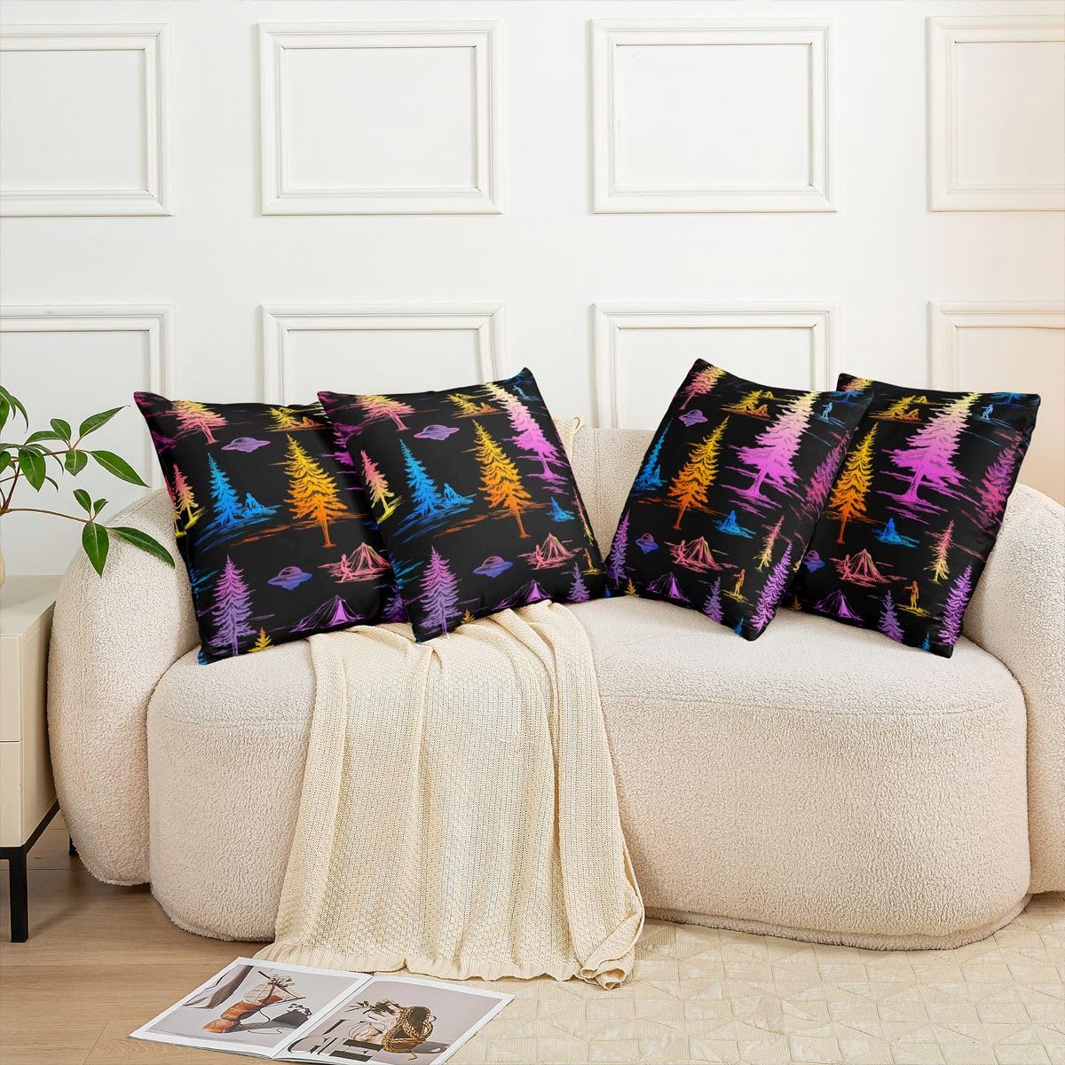 Castle Fairy Alien UFO Throw Pillow Cover Tent Trees Mystery Aliens Cushion Case Colorful Ombre Sketch Pillow Cover for Living Room,Black Purple Soft Pillowcases,18x18 Inches image 5