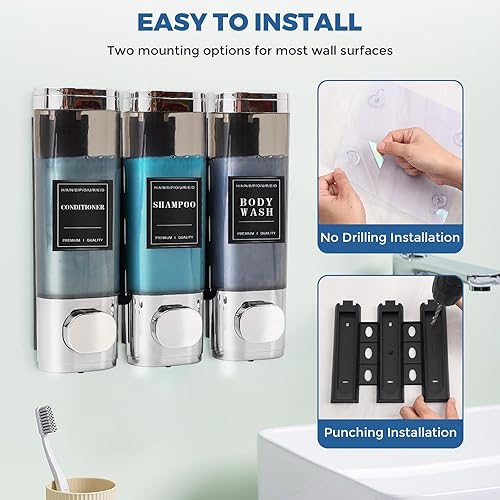 Miniatura 5 de Dispensador de champú y acondicionador, dispensador de jabón de ducha de 3 cámaras, dispensador de jabón de ducha de 3 cámaras, montaje en pared