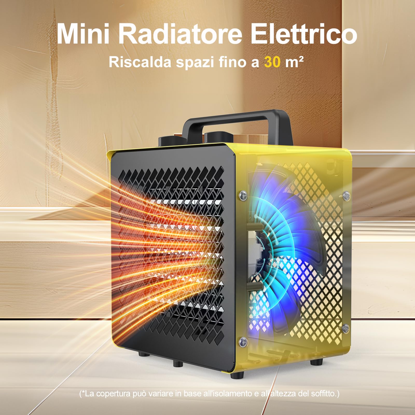 Termoventilatore Basso Consumo 3000 W - Mini Stufetta Elettrica | Compatto Ceramico Riscaldamento - Termostato e Protezione da Surriscaldamento - per Casa, Bagno o Officina, Gialla