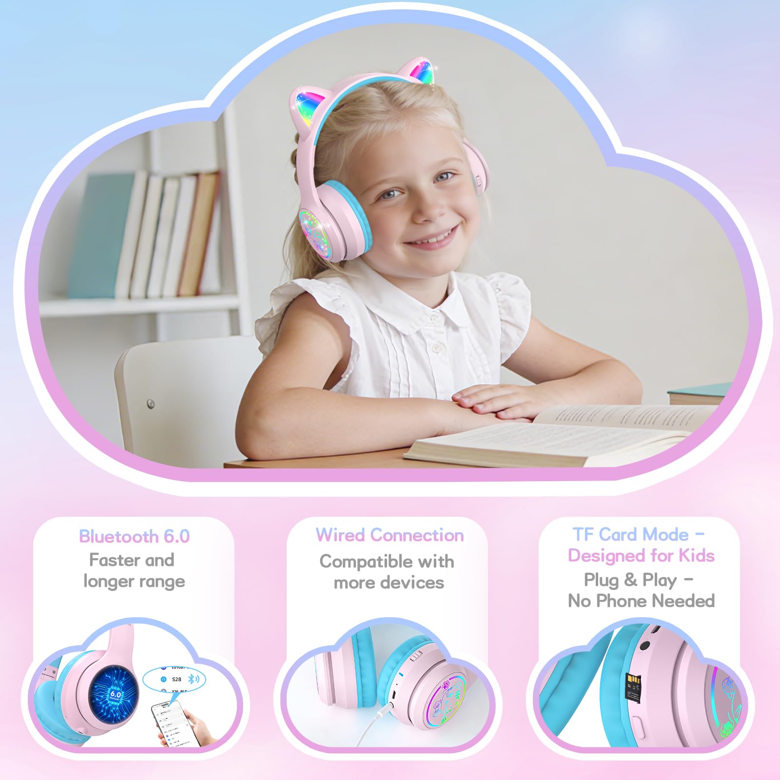 IFECCO Cuffie Bluetooth per bambini senza fili con custodia – Cuffie over-ear con luci LED, orecchie da gatto, limitazione del volume a 85 dBA, microfono integrato, compatibili con iPad/tablet/scuola
