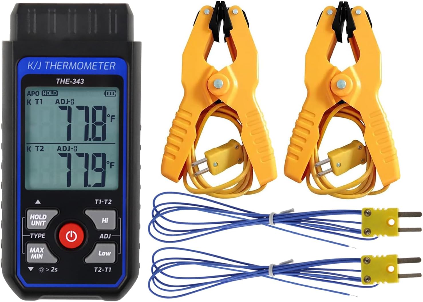 Thermocouple Thermometer HVAC Temperature Meter, Digital Temperature Thermometer with 2 Temperature Clamp & 2 Wired Thermocouple Probes, Dual Channel with Alarm & ADJ Compensation (-328~2500℉ Range)