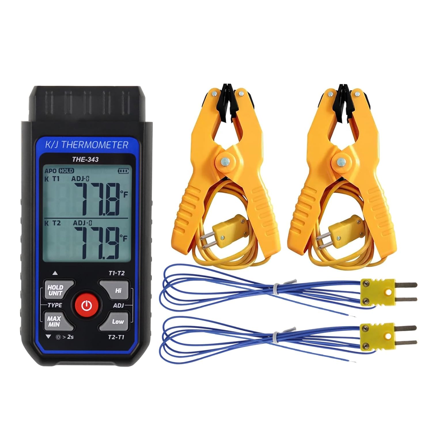 Thermocouple Thermometer HVAC Temperature Meter, Digital Temperature Thermometer with 2 Temperature Clamp & 2 Wired Thermocouple Probes, Dual Channel with Alarm & ADJ Compensation (-328~2500℉ Range)