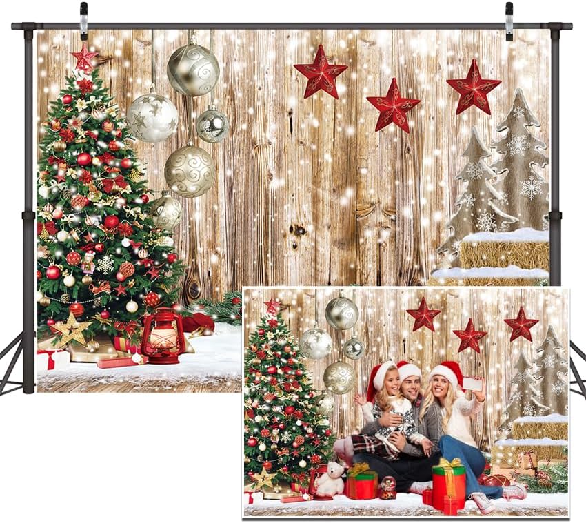Dudaacvt Telón de fondo de Navidad de 8 x 6 pies, regalo de árbol de Navidad, fondo de piso de madera vintage de nieve, fondo de fiesta de Año