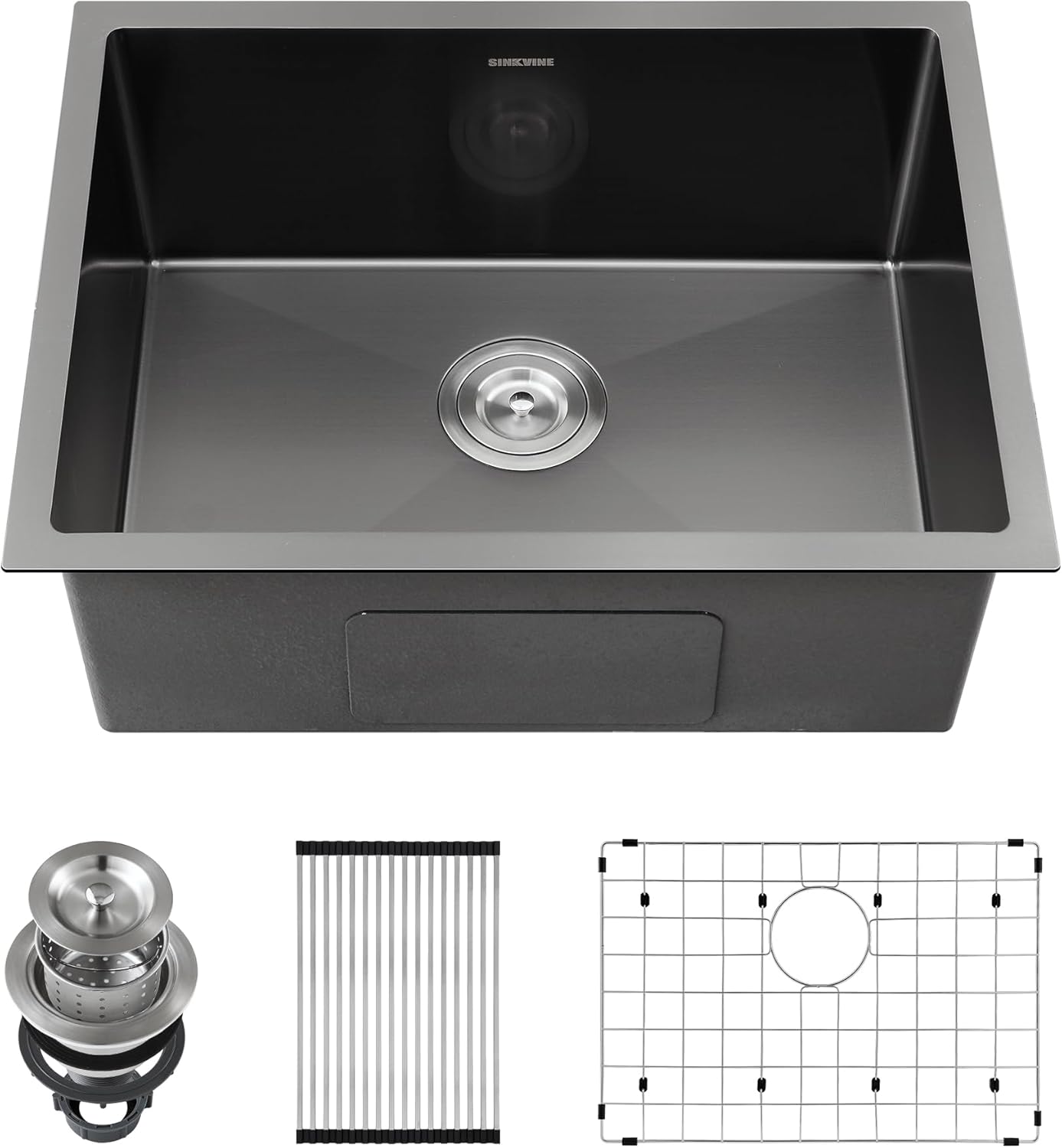 SINKVINE 22x18 inch Undermount Kitchen Sink in Gunmetal Black, shown with included drain strainer, bottom rinse grid, and roll-up drying rack.