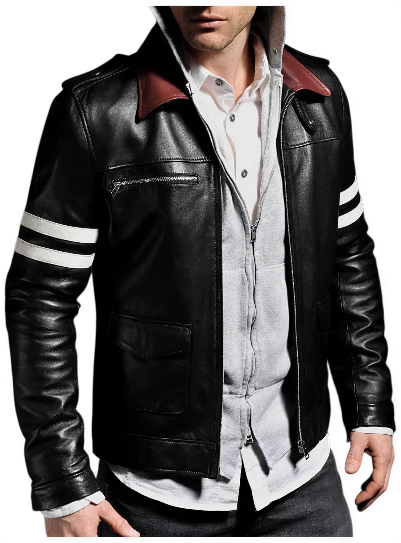 Chaqueta icónica de cuero negro bordada para hombre, ropa de abrigo gótica inspirada en el famoso juego de Halloween