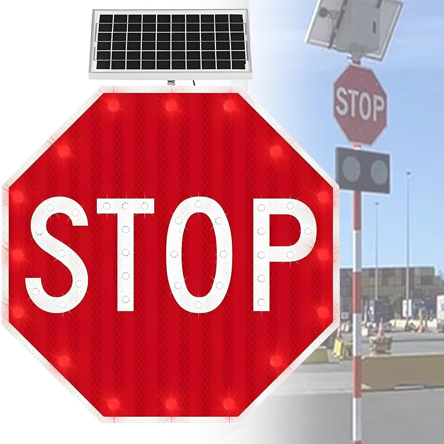 Señal de stop LED solar intermitente,señal de seguridad vial reflectante,señales solares intermitentes con película reflectante de grado industrial,señal de tráfico octagonal de aluminio 24IN-1