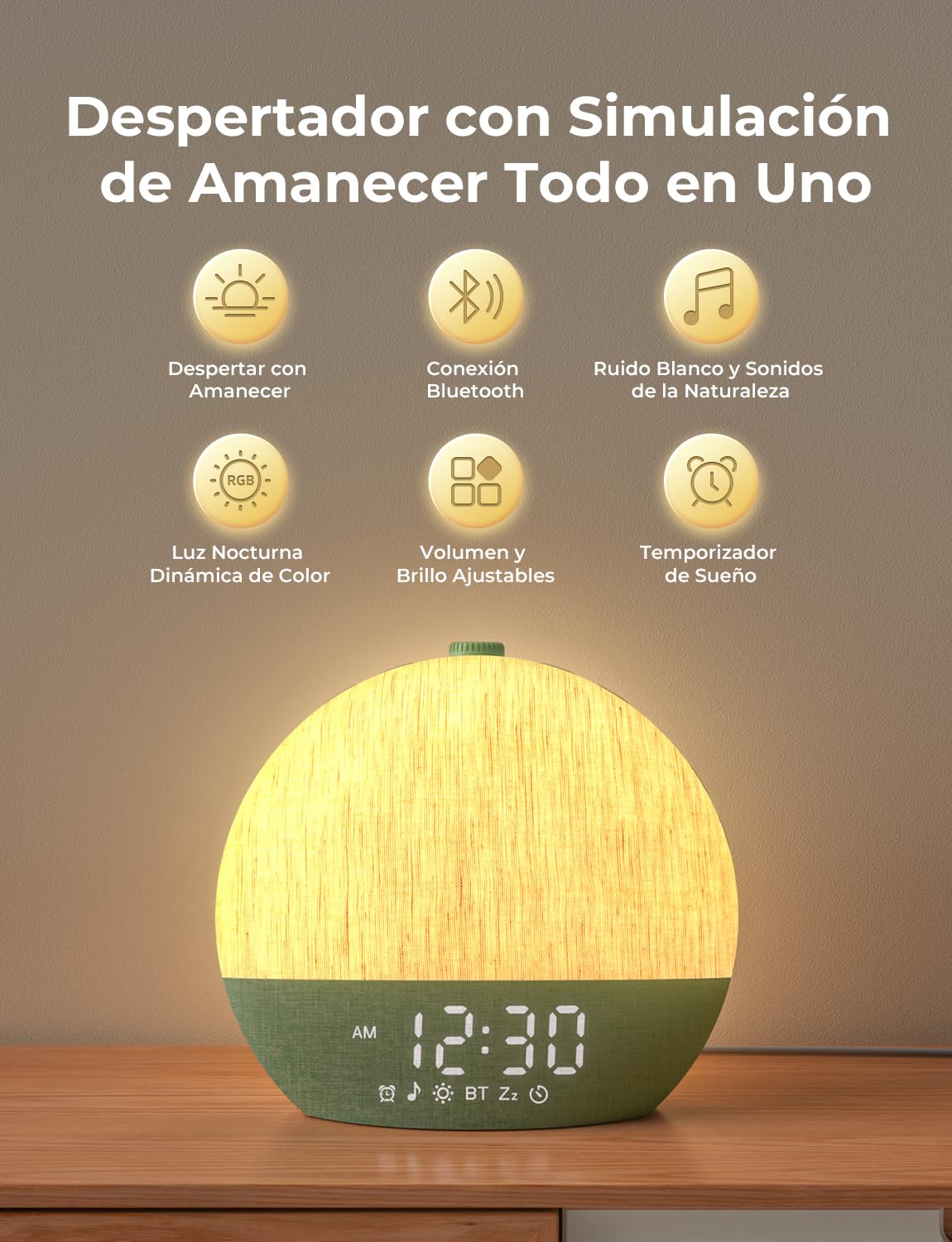 LIORQUE Despertador Amanecer, Despertador Luz Natural Simulación Amanecer | 17 Modos de Luz, 30 Sonidos Relajantes, Modo de Ayuda para Dormir, Conexión Bluetooth, Función Alarma y Snooze