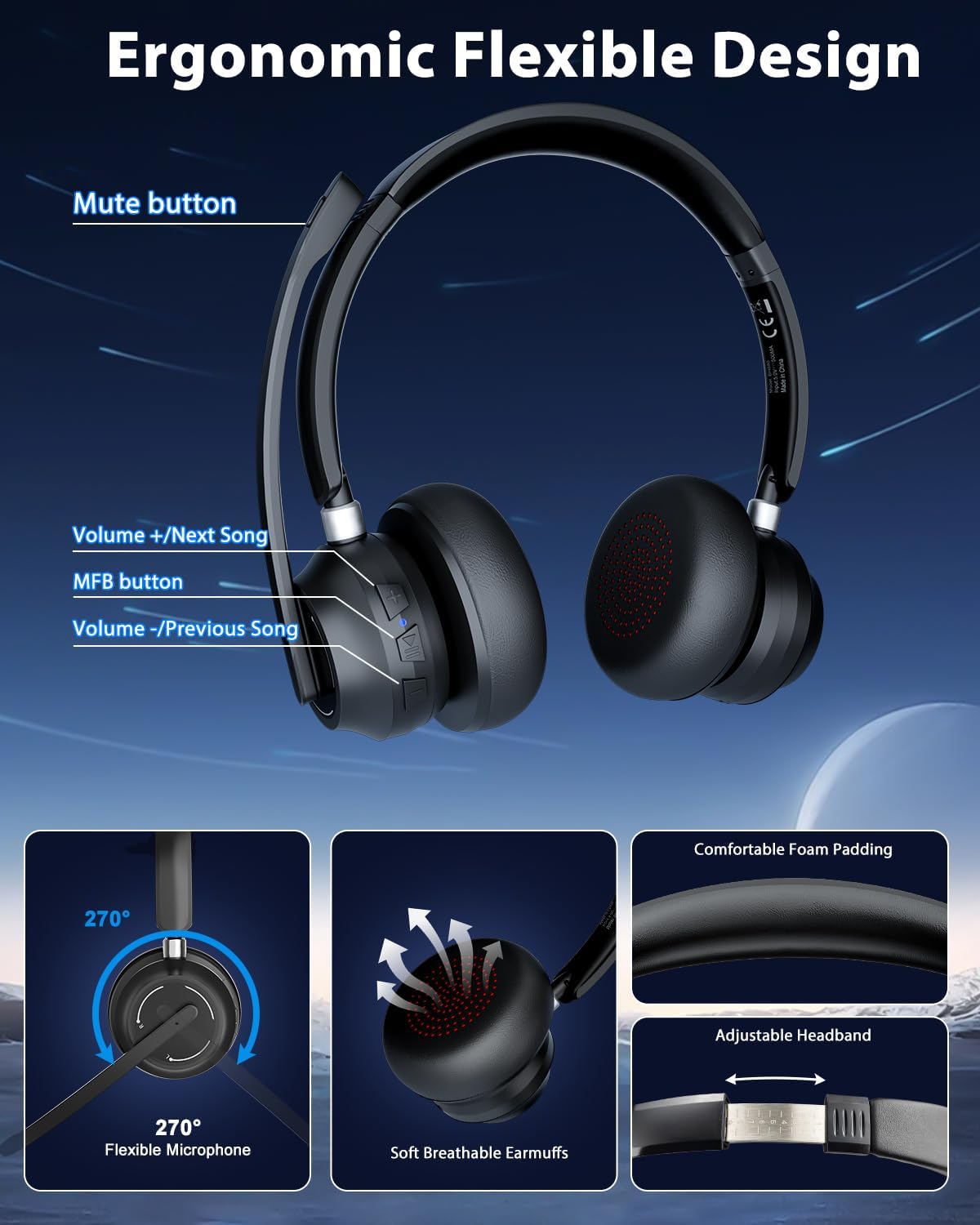 Wireless Headset with Mic for Work, Bluetooth 5.1 Headphones with Noise Canceling Microphone, USB Dongle, 45H Playtime, Clear Calls & Mic Mute for PC, Laptop, Call Center, Teams, Black