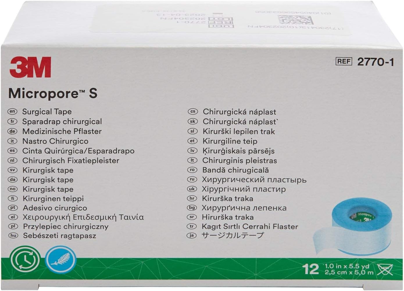 3M Micropore Skin Friendly Silicone Medical Tape, 1 Inch X 5-1/2 Yard, Blue, 12 Rolls, 1 Pack