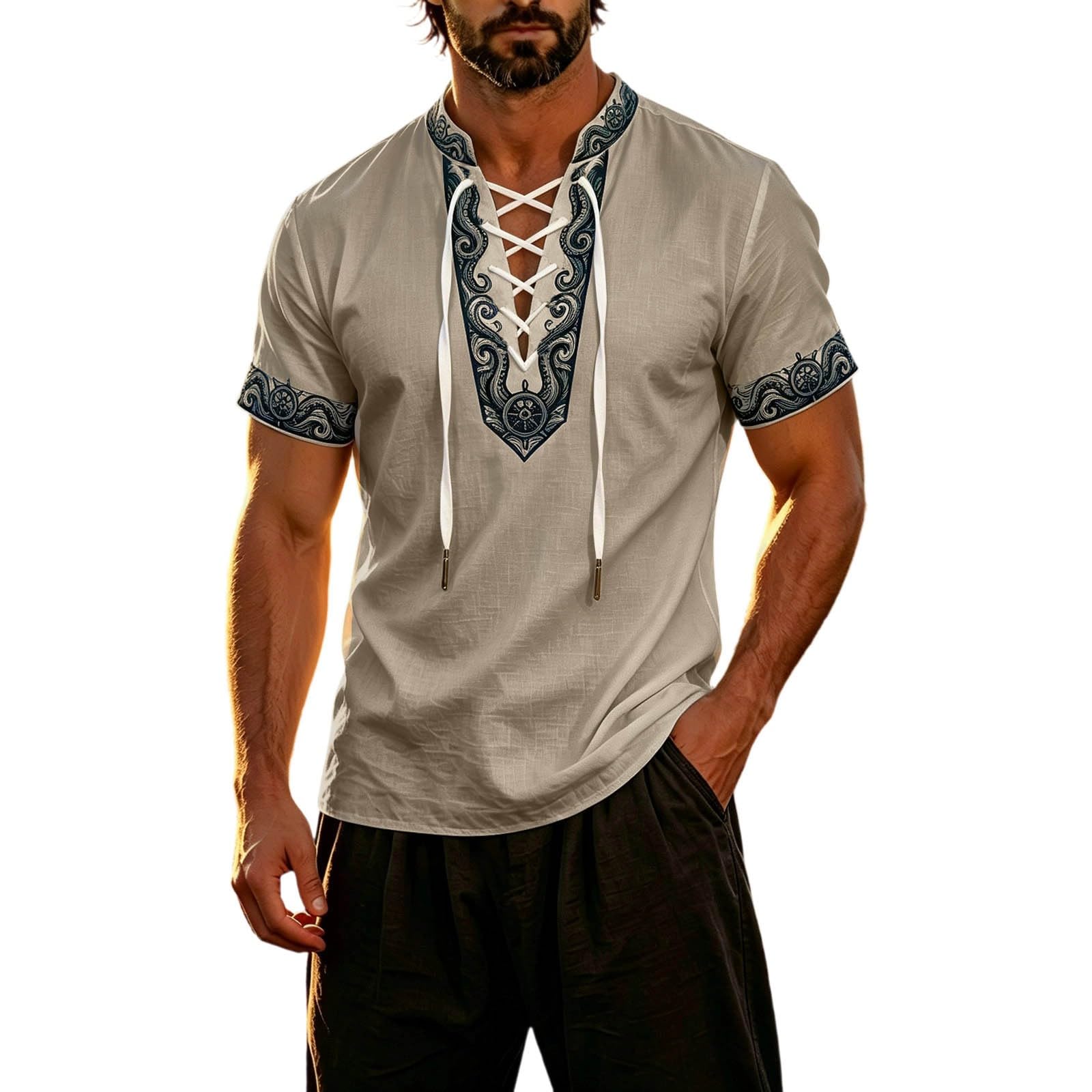 Summer Shirts for Men Short Sleeve Medieval Pirate Scottish Ghillie Shirt — image 1