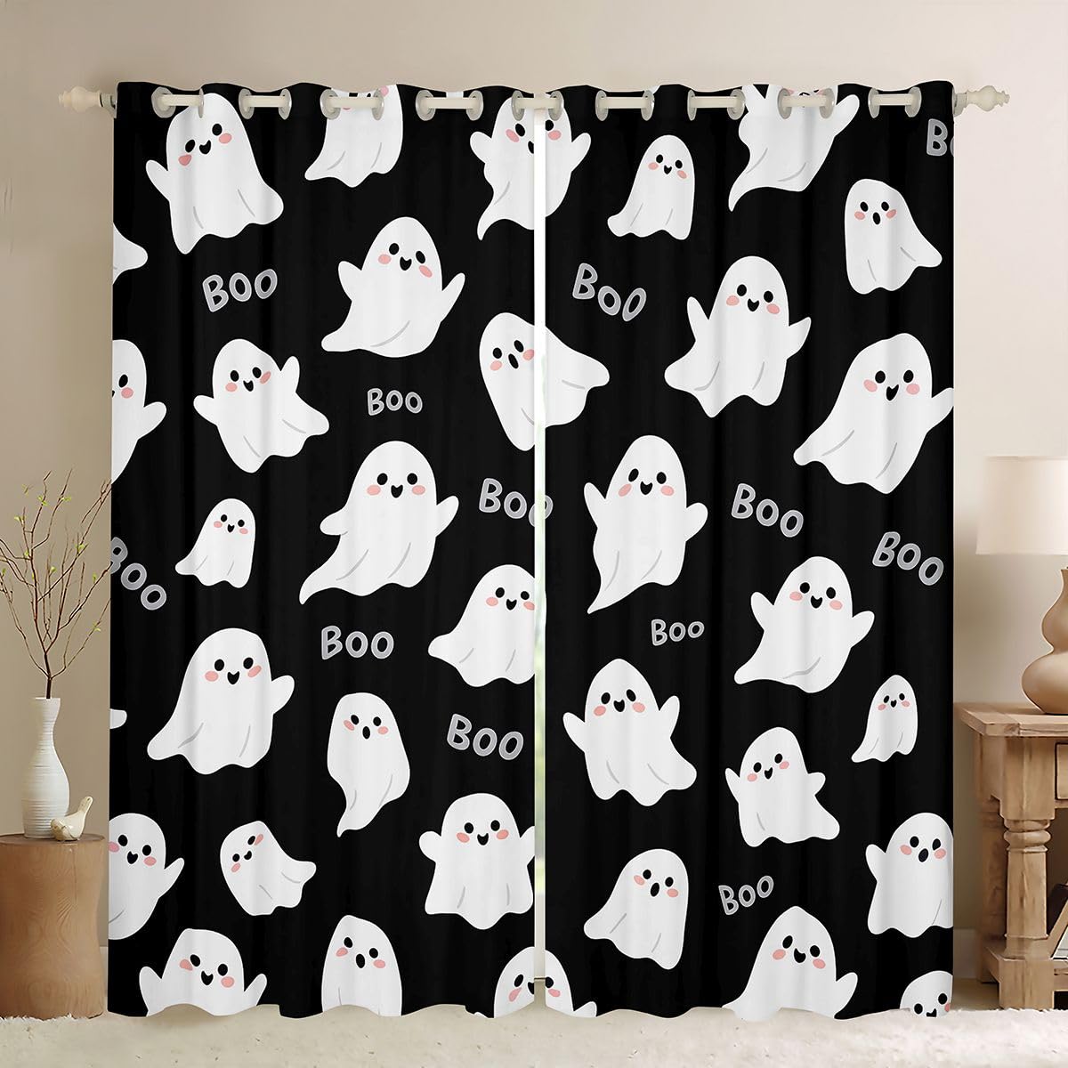 Homemissing Happy Halloween - Cortinas opacas con diseño de fantasmas espeluznantes para decoración de dormitorio, sala de estar, cortinas con aislamiento térmico en blanco y negro, 2 paneles de 46