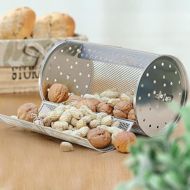 Rotisserie Basket, Stainless Steel Grill Roaster Drum, Oven Basket Air Fryer Accessories 360° Rotating for Peanuts Coffee Beans BBQ Walnuts DIY Kitchen Cooking Tool