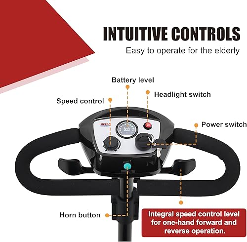 Miniatura 78 de Metro Mobility Patinetes con asiento para adultos, personas mayores, viajes, scooter motorizado eléctrico de 4 ruedas, 2 baterías extraíbles