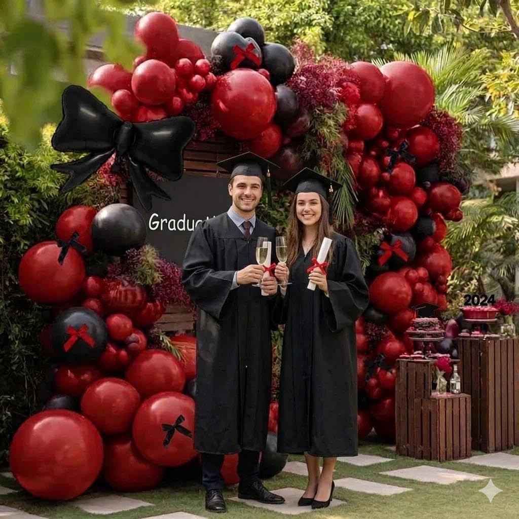 Dark Red Black Balloon Arch Kit with Bow, Double Stuffed Burgundy Black Red Maroon Balloon Garland for Birthday Baby Shower Anniversary Wedding Graduation Mother‘s Day Party Decoration