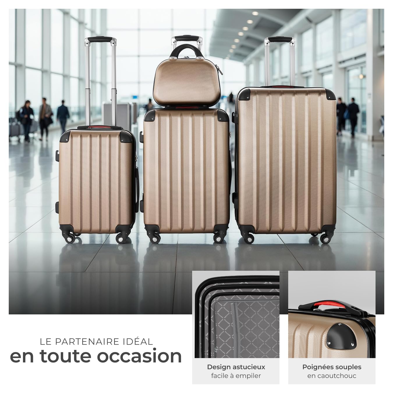 tectake Lot de 4 Valises de Voyage Valise Grande Taille Valise Cabine Valise soute Multifonction en ABS Polypropylène, Valise de Voyage à roulettes Valise avec Trousse de Toilette - Champagne