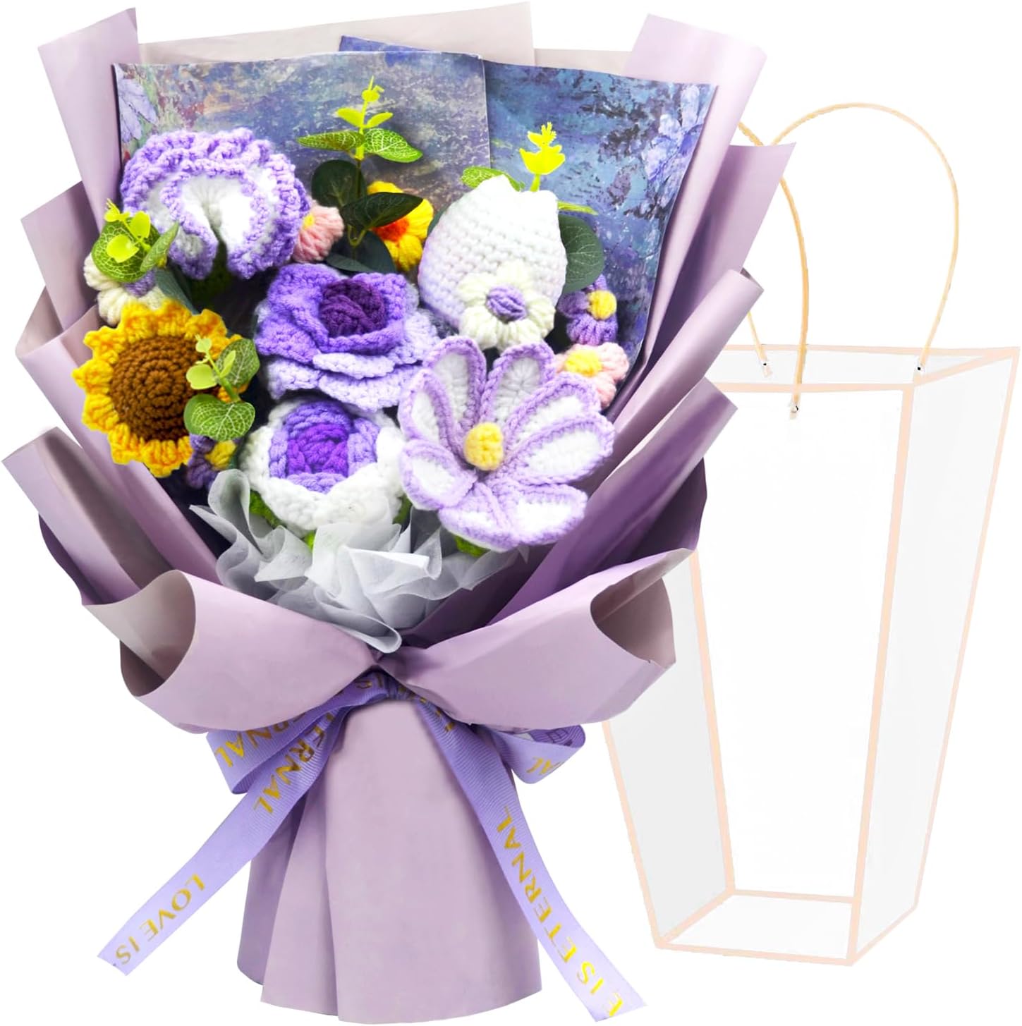 Large Crochet Flowers Bouquet – Handmade Knitted Tulips, Carnations, Sunflowers, Roses – Gift for Women for Valentine's Day, Anniversary, Birthday, Mother's Day, Wedding or Home Decor (Purple, 15.75″)