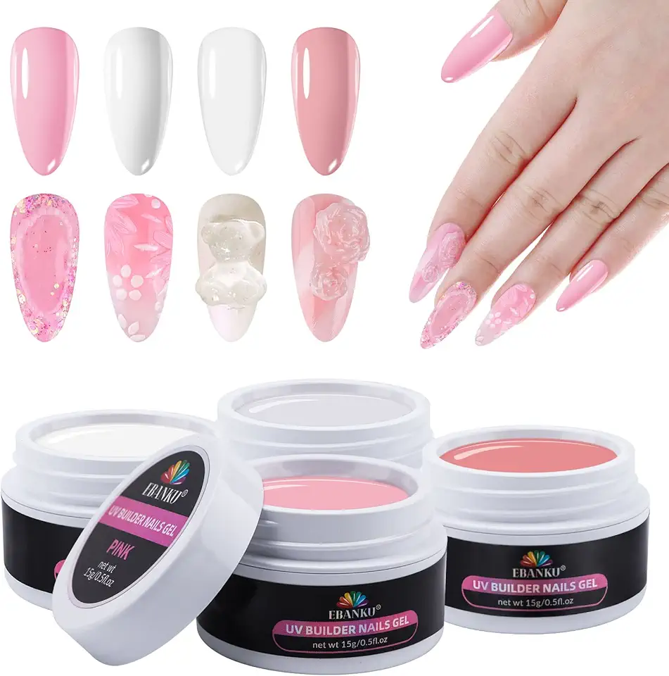 EBANKU Kit de gel sólido Builder, gel Builder para unhas, 4 cores, branco claro, rosa nude, para arte de unhas, kit de extensão de unhas para iniciantes, casa, DIY, 4 x 15 g
