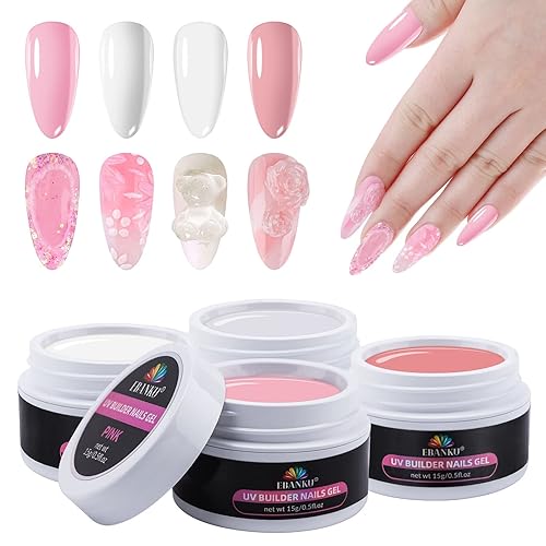 EBANKU Kit de gel constructor sólido, gel constructor para uñas, 4 colores, blanco transparente, rosa nude, para arte de uñas, kit de extensión de