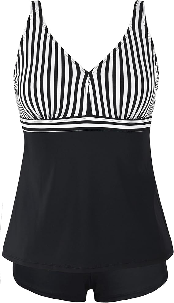Septangle Women's Two Piece Swimsuit V Neck Tankini Bathing Suit for Big Bust Plus Size Swimwear with Boy Short