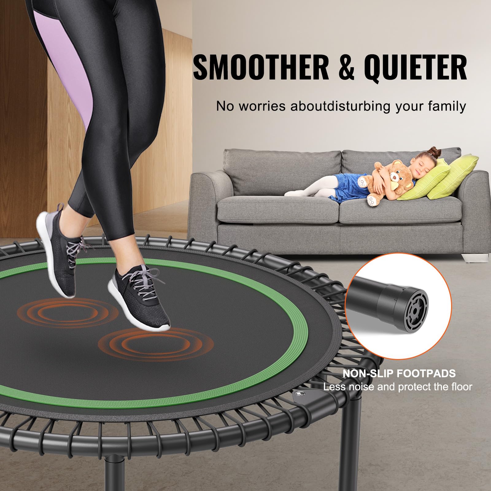 VEVOR Mini Trampolino Pieghevole Fitness 1027 mm, Capacità di Peso 150 kg, Trampolino Elastico per Adulti per Allenamento in Interni/Giardino, Nero e Verde
