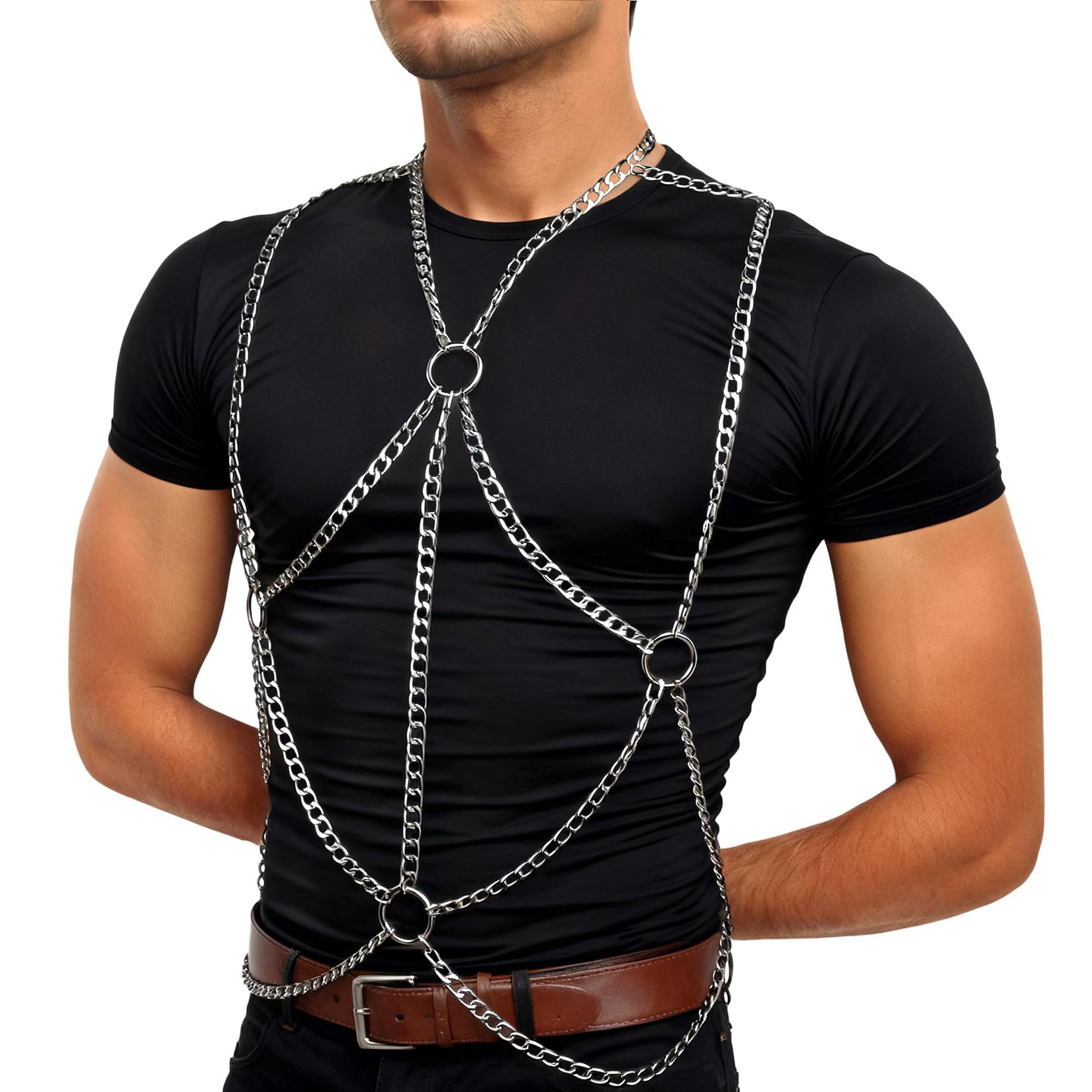 Pettorina petto, costume uomo in acciaio inossidabile, imbracatura sexy cintura muscoli feste discoteca cosplay Clubwear moda Argento Taglia