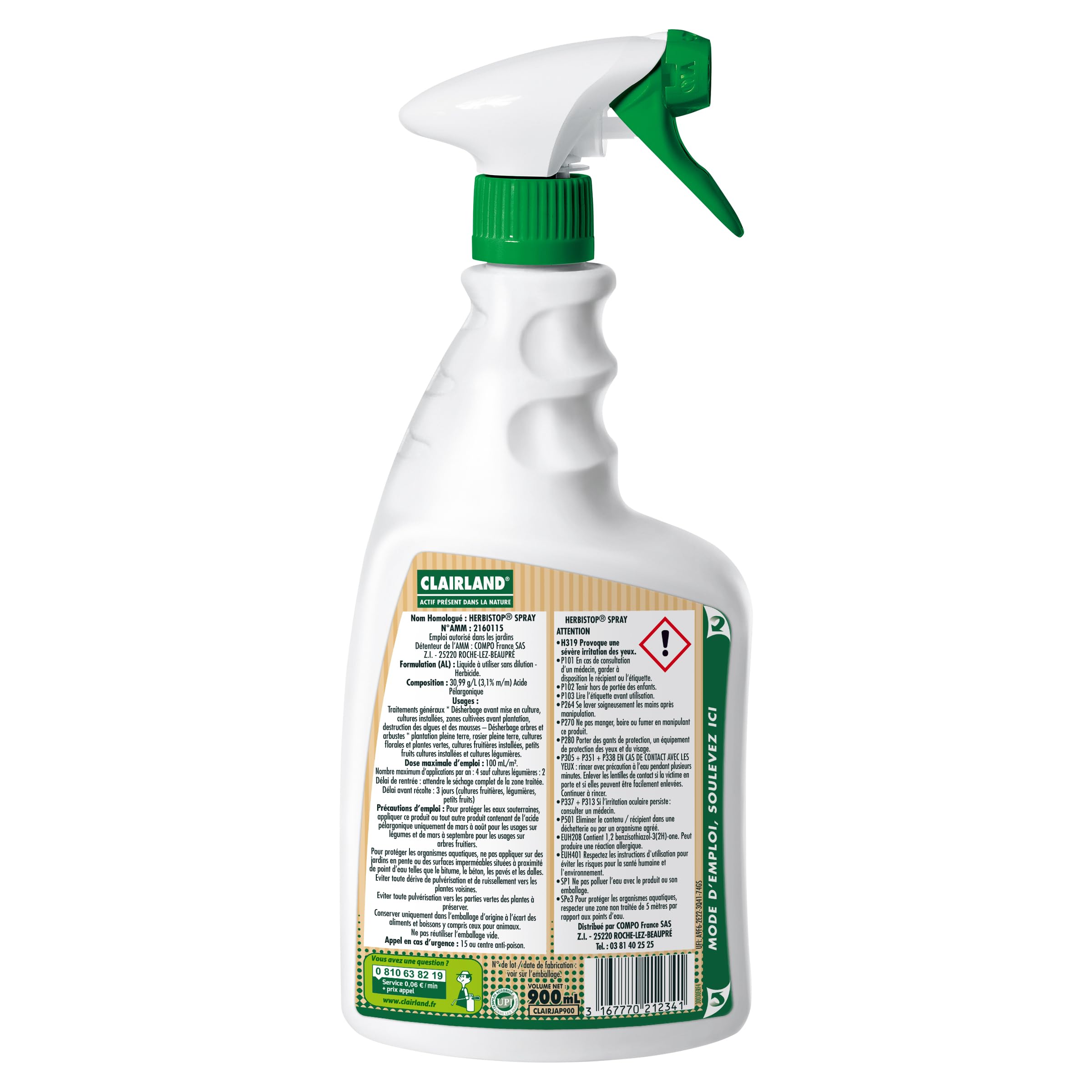 Clairland Désherbant Tous Jardins - Actif présent dans la Nature - Prêt à l'emploi 900 ML