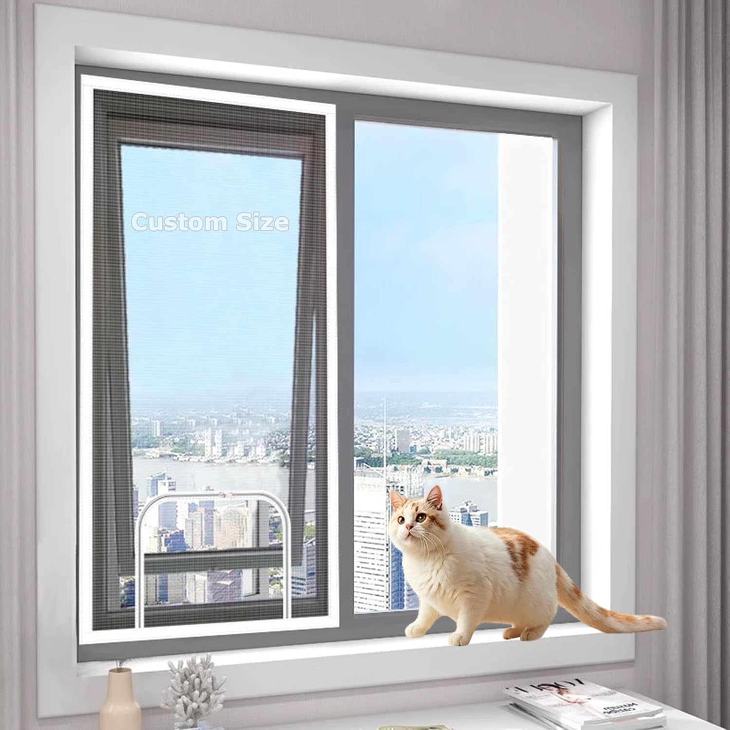 Custom Size Cat Window Screen Mesh, Patio Cat Safety Mesh, Fly Screens Windows No Drilling, Anti Mosquito/Insect Netting, Balcony Nets with Zipper