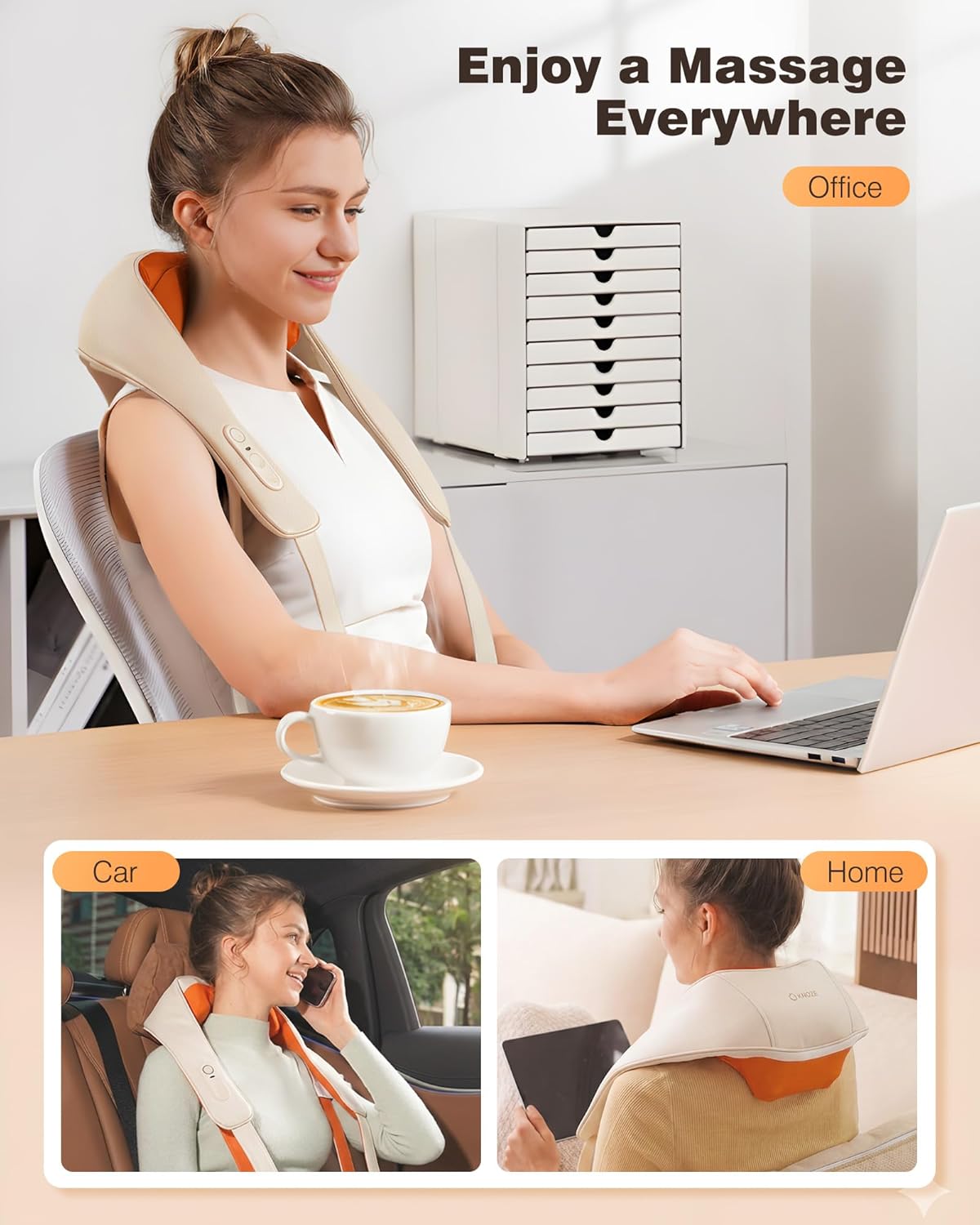 KNQZE Neck and Shoulder Massager with Heat, Cordless Back and Neck Massager, Upgraded Graphene Heating, 4D Shiatsu Deep Kneading Massage for Shoulder, Back Pain Relief (Beige)
